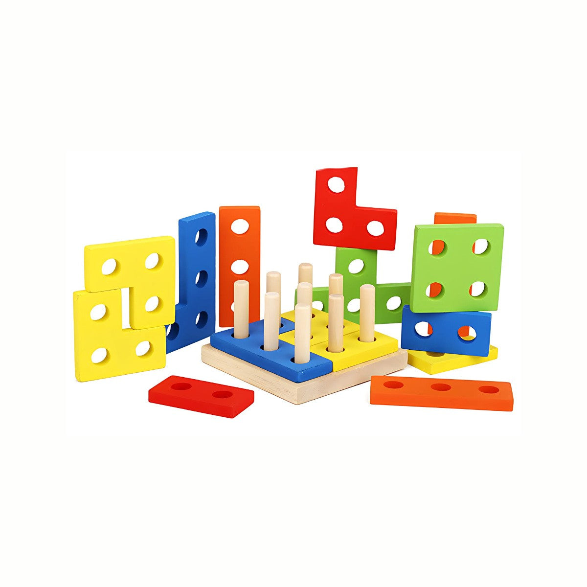 Wooden Shape Stacking Puzzle pieces arranged in a creative, partly stacked layout next to the base, demonstrating the open-ended play possibilities with shapes and colors.