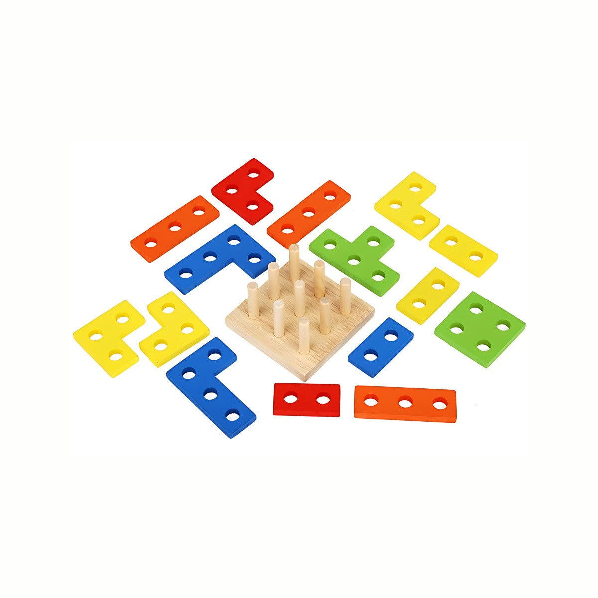 Wooden Shape Stacking Puzzle showing the empty wooden base with pegs and all the colorful geometric pieces lined up next to it, a high-quality toy.