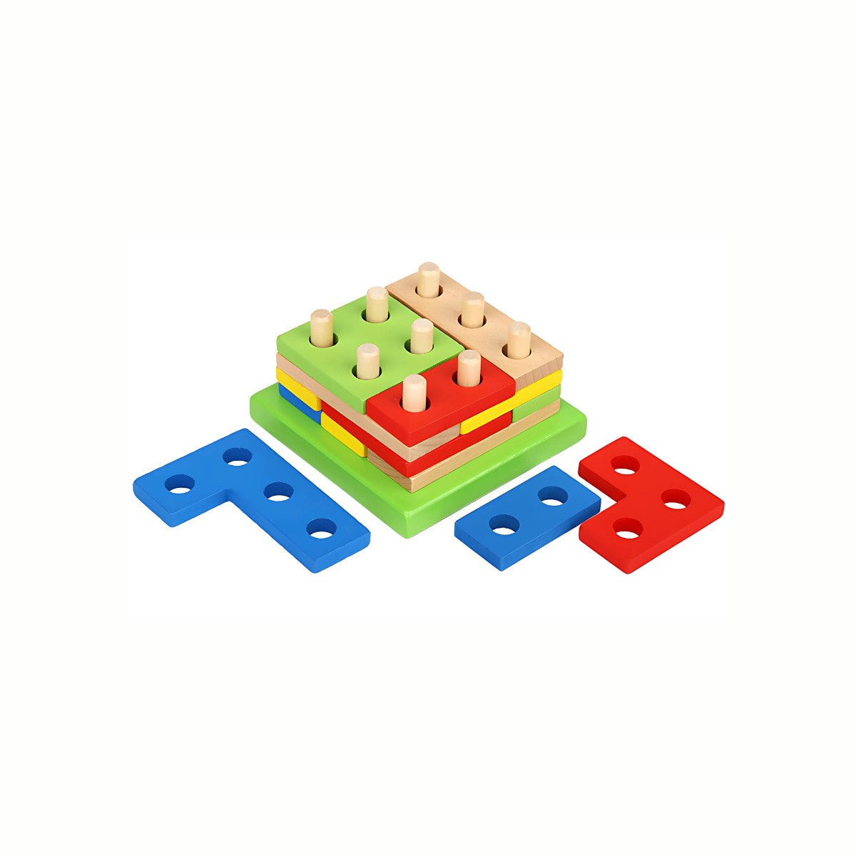 Wooden Shape Stacking Puzzle, showing two towers partly stacked with colorful blocks and other pieces scattered on the table, promoting fine motor skills.