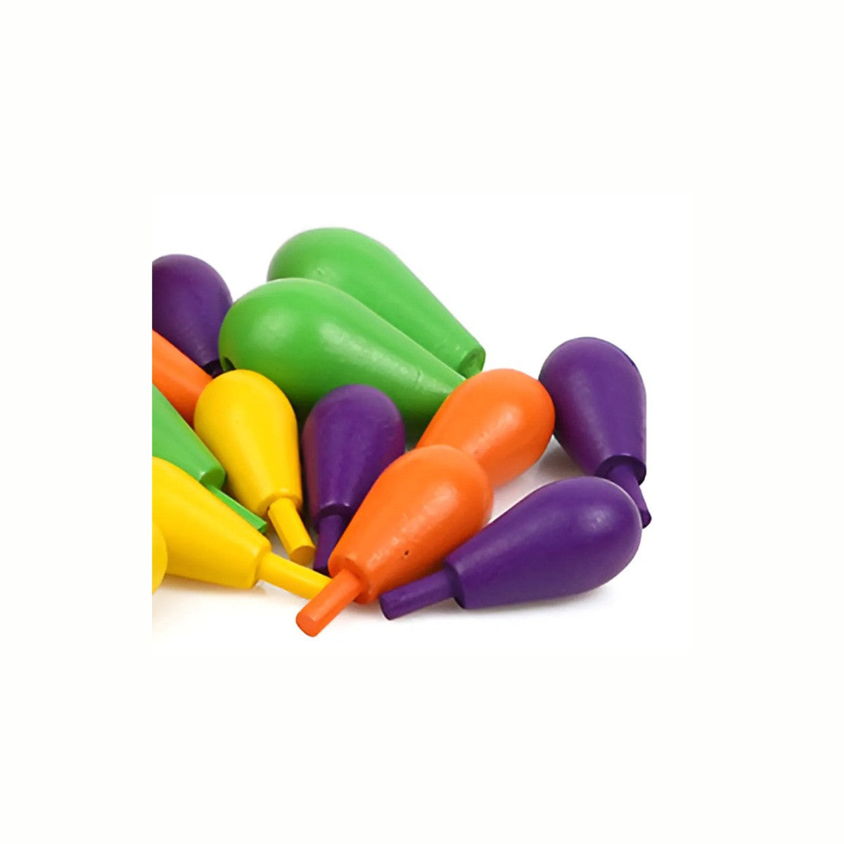 A close-up of the uniquely shaped, colorful wooden cactus pieces, highlighting the various sizes and hole placements for creative stacking