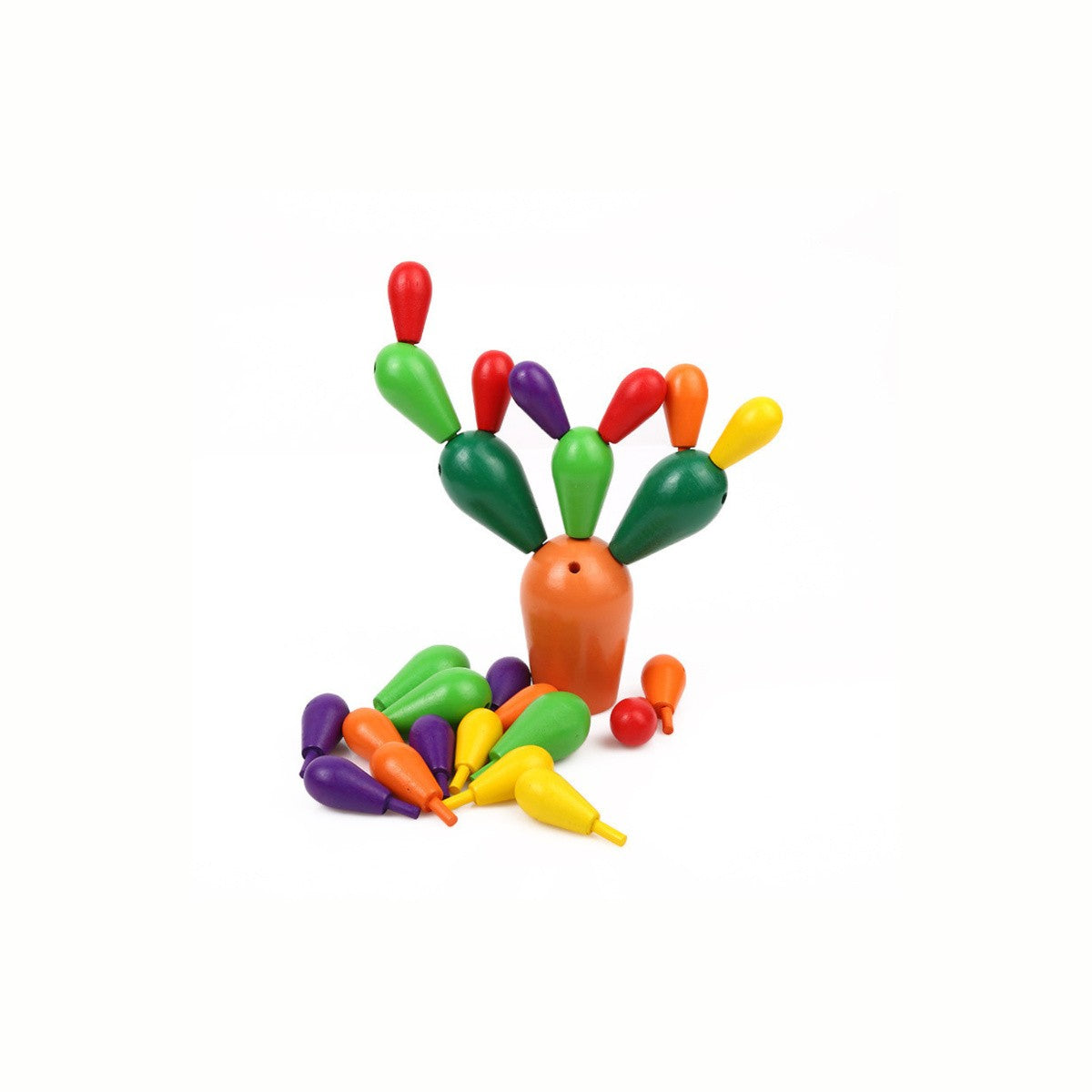 Wooden Stacking Cactus Toy partly stacked with colorful 'leaves' or segments, showing pieces scattered on the base, encouraging imaginative design