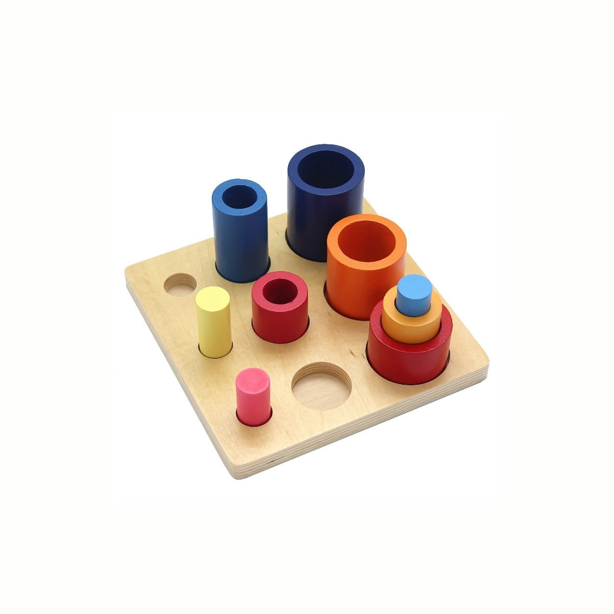 Wooden Stacking Nesting Toy, demonstrating creative, open-ended play with various colorful pieces nested in different arrangements, encouraging problem-solving.