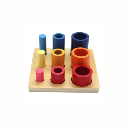 Wooden Stacking Nesting Toy, showing all colorful wooden cylinders and tubes neatly stacked or nested in ascending size, a sustainably sourced wooden learning toy.