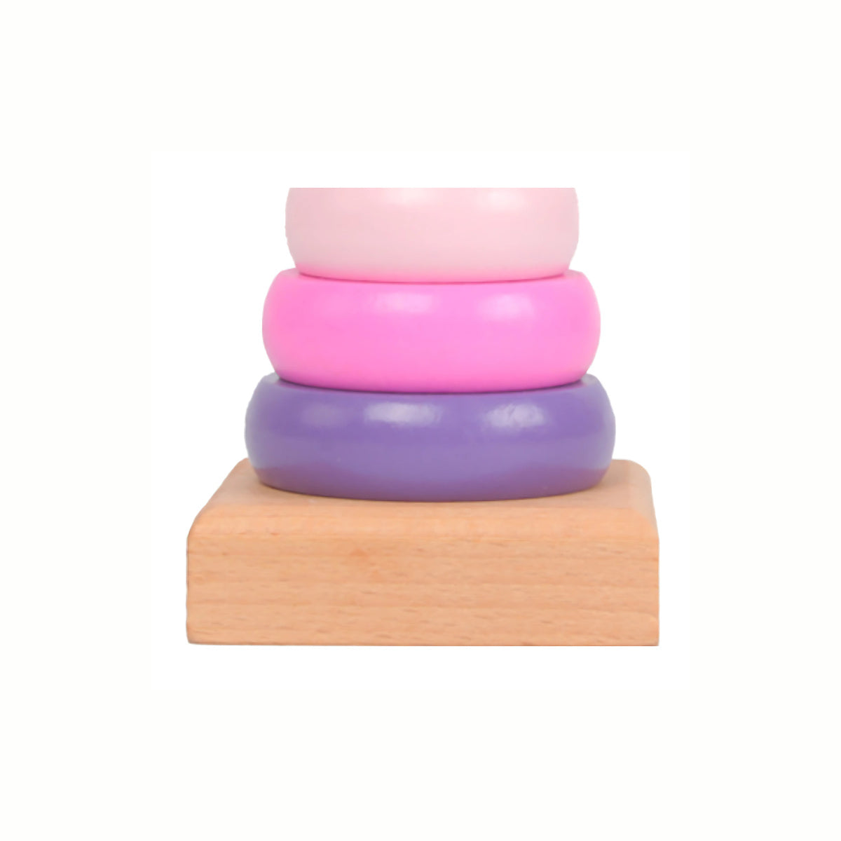 Close-up of the smooth wooden base of the Wooden Stacking Rings Tower, highlighting the quality of the brightly colored wooden rings