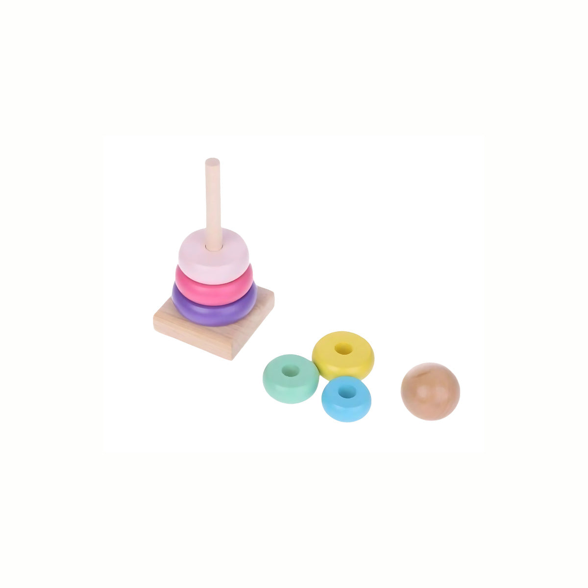 Wooden Stacking Rings Tower shown next to its scattered rings, inviting little hands to grasp, stack, and rearrange for early learning and discovery.