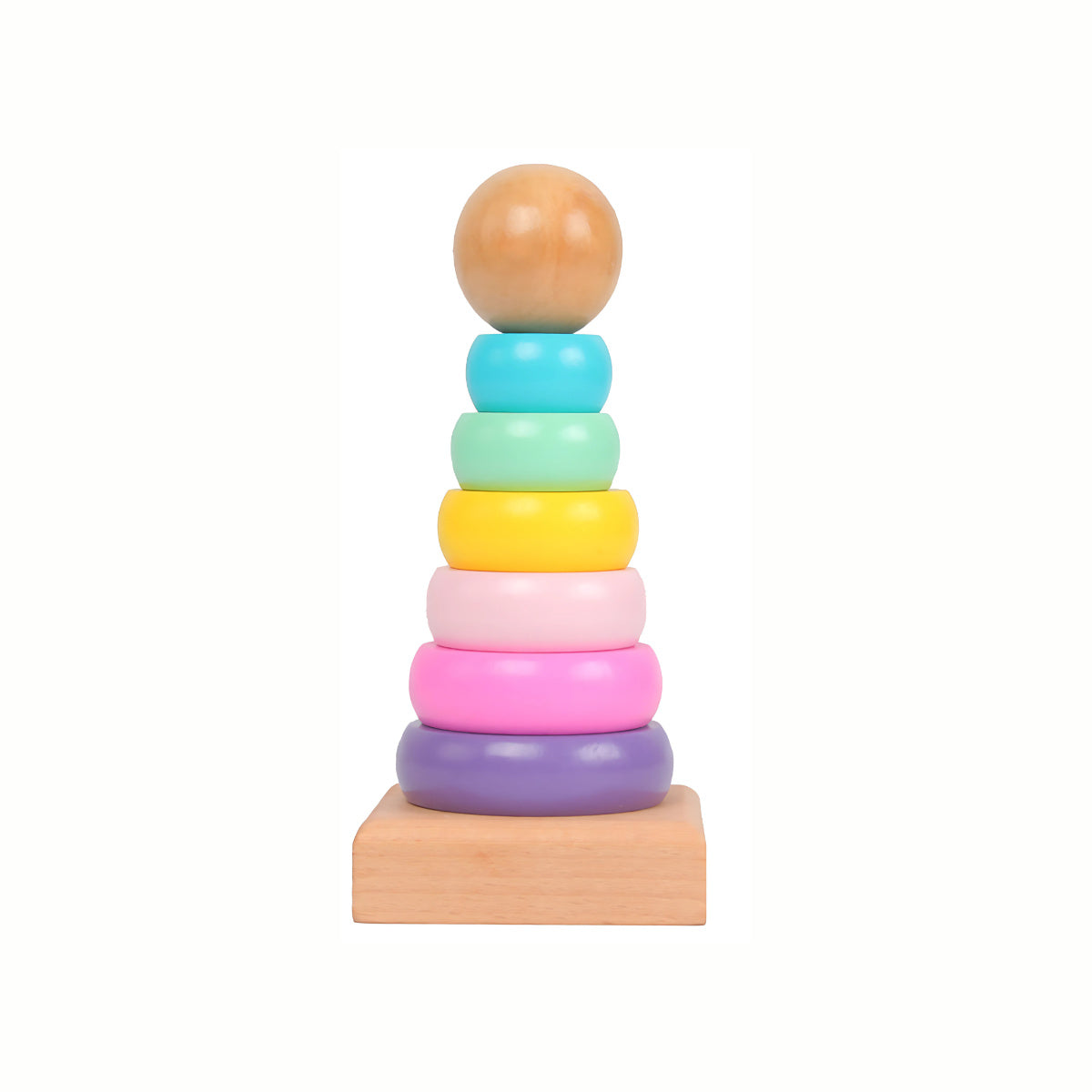 Wooden Stacking Rings Tower with beautiful pastel color rings, a timeless toy crafted from sustainably sourced wood and finished with child-safe paints. Encourages fine motor skills, hand-eye coordination, and problem-solving