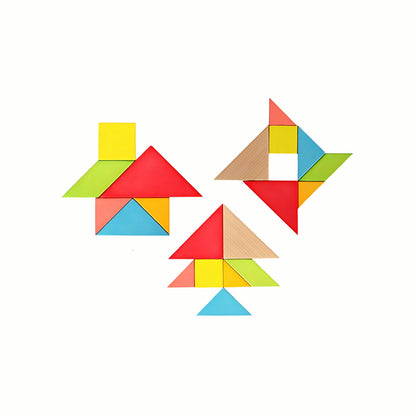 Wooden Tangram Puzzle displaying three different unique figures and designs created with the blocks, showcasing its open-ended play.