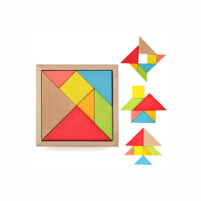 Wooden Tangram Puzzle, showing the seven precise geometric pieces forming the original square next to various figures that can be created