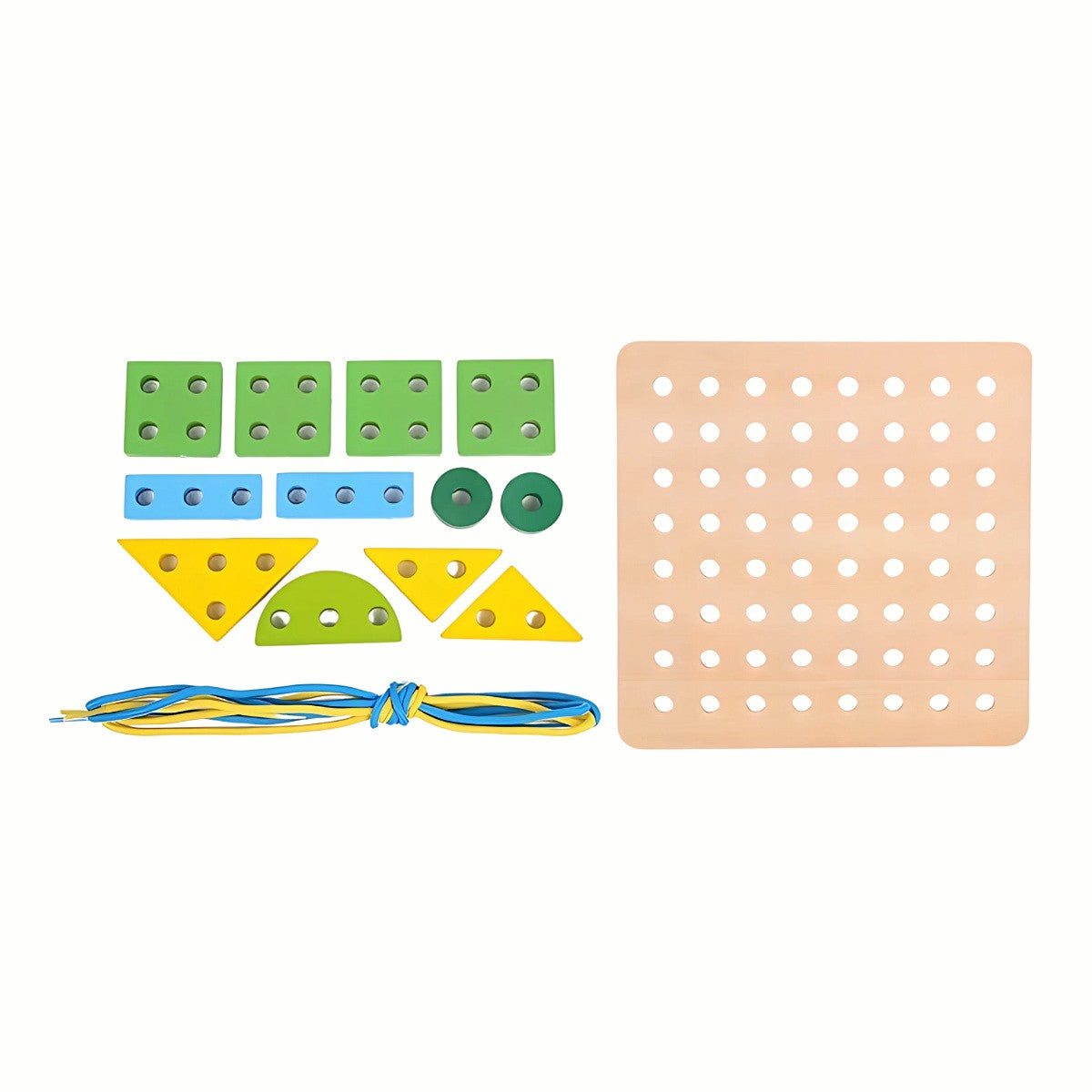 The full set of the Wooden Threading Board, including the sturdy wooden board, various colorful shapes, and the easy-to-grasp threading laces.