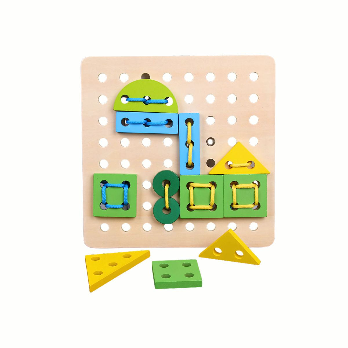 Wooden Threading Board with some colorful geometric shapes laced onto the board, showing the pieces and lace nearby, a high-quality toy
