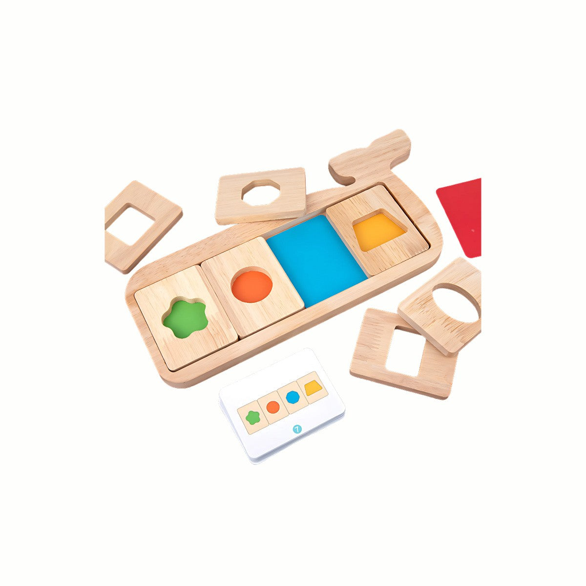 Wooden Whale Shape Sorter Puzzle with a colored card inserted, guiding the user to place the shapes in the correct sequence for color and shape matching