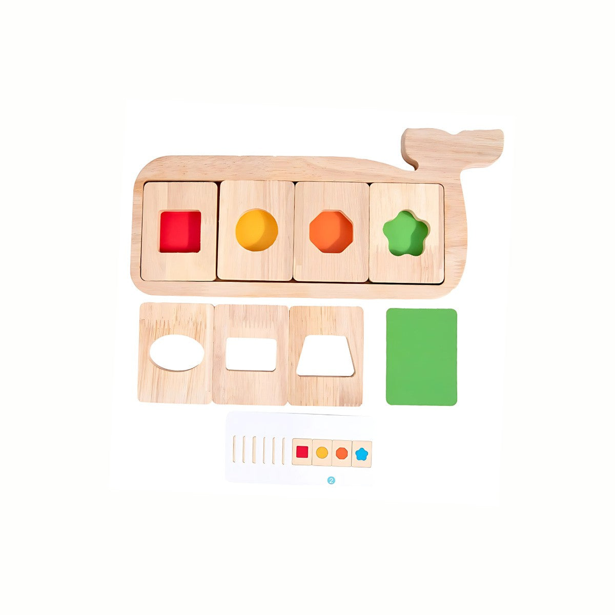 Wooden Whale Shape Sorter Puzzle, showing the whale base, colorful wooden shapes, and pattern cards laid out, offering a fun sequential thinking challenge