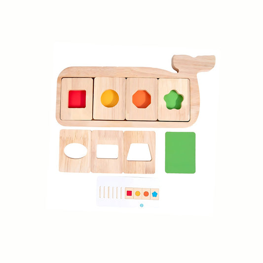 Wooden Whale Shape Sorter Puzzle, showing the whale base, colorful wooden shapes, and pattern cards laid out, offering a fun sequential thinking challenge